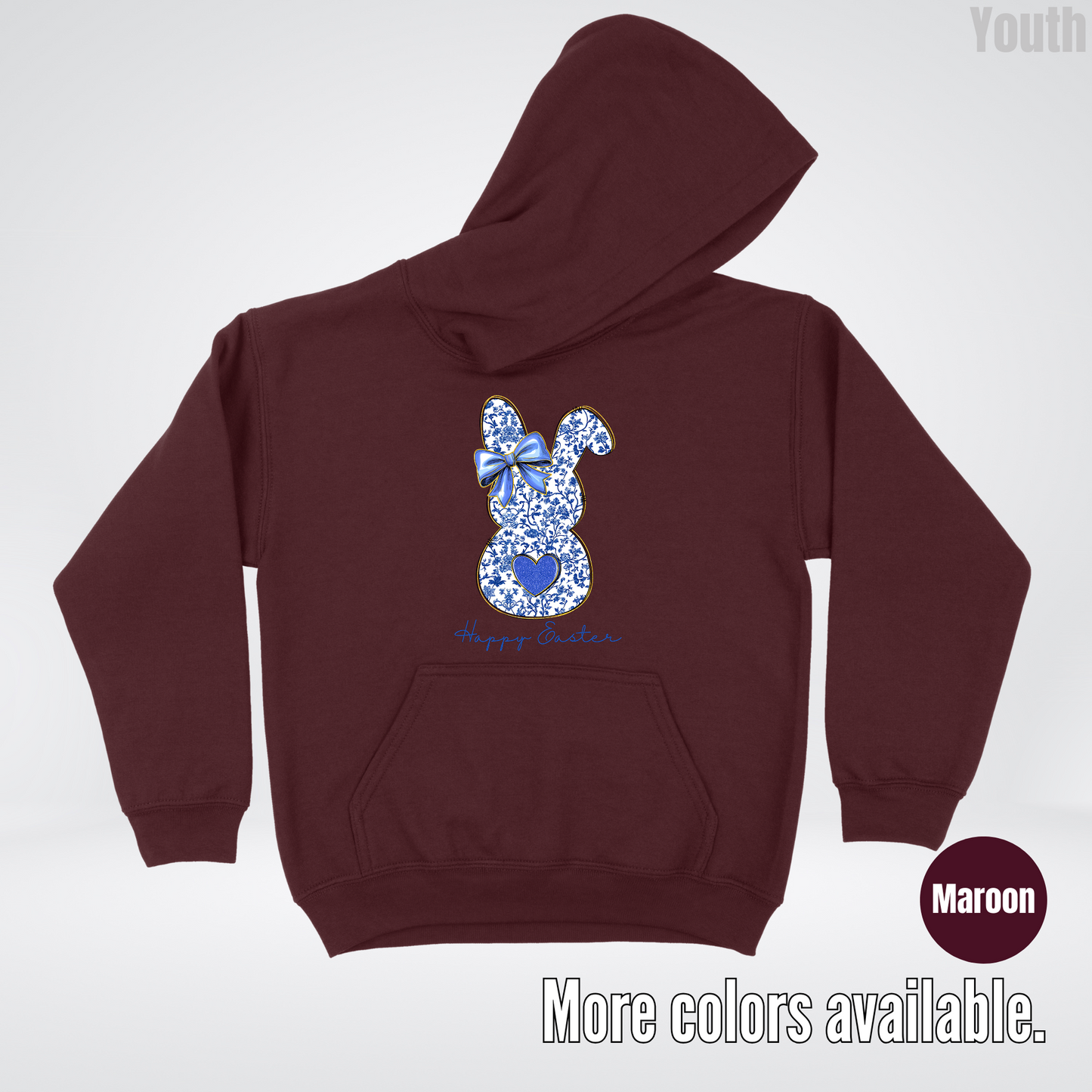 Happy Easter Bunny Blue Toile Chinoiserie Grand Millennial Youth Hoodie