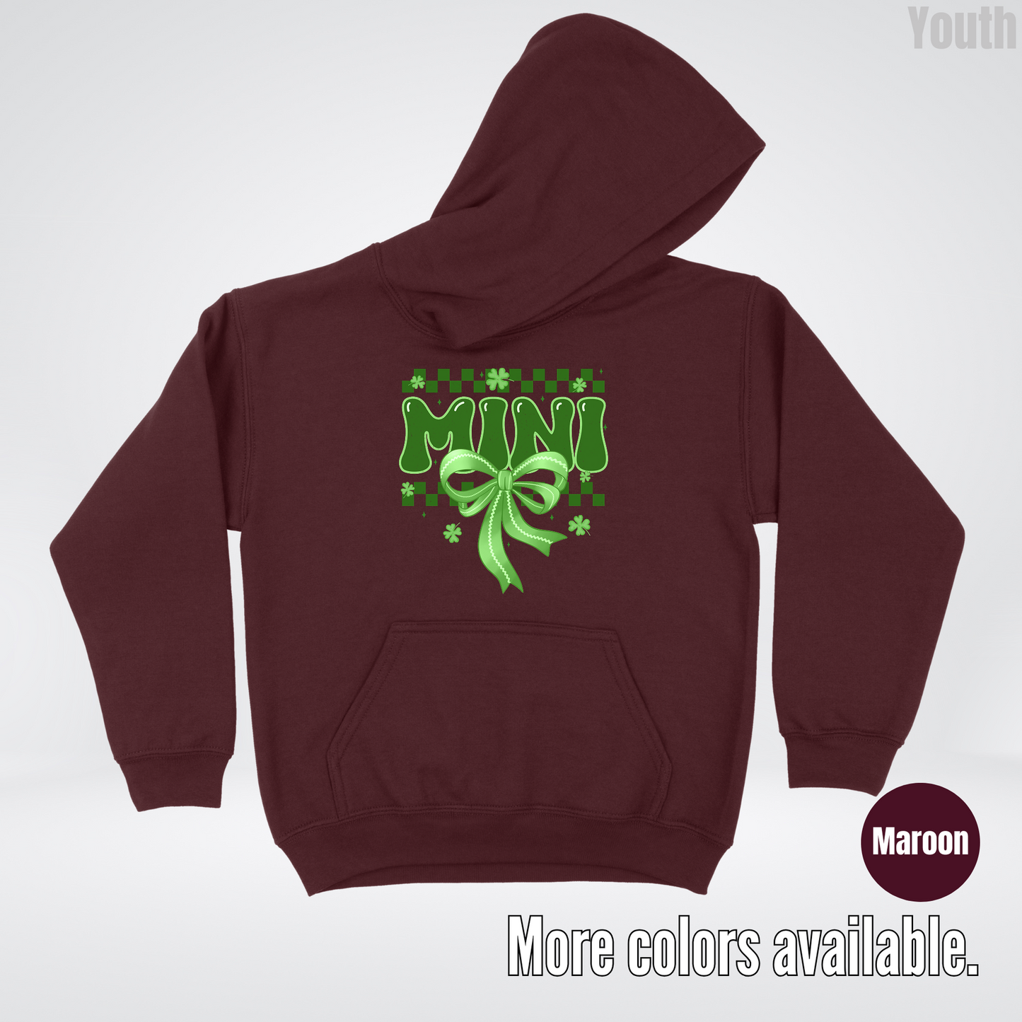 Mini Coquette Green Bow Checkered Retro Four Leaf Clovers Youth Hoodie