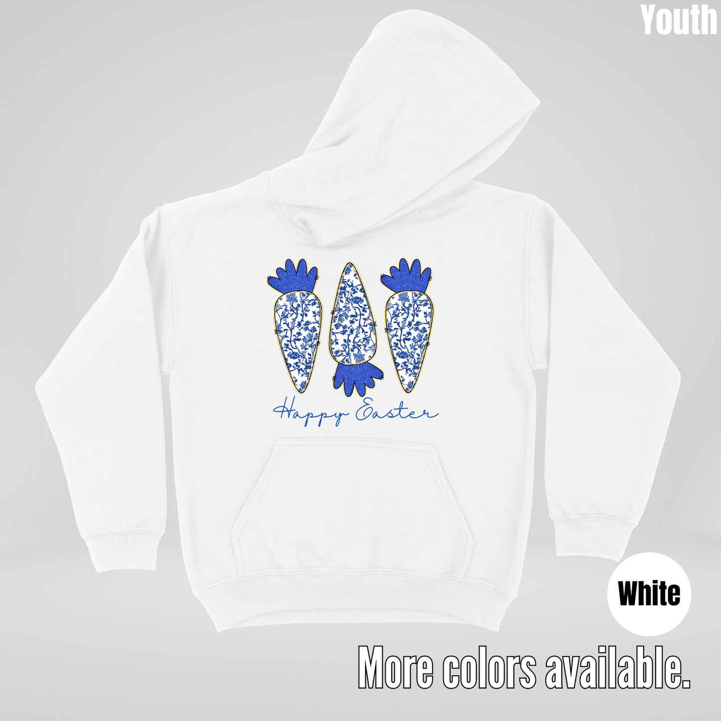 Blue Toile Chinoiserie Grandmillennial Happy Easter And Carrots Youth Hoodie