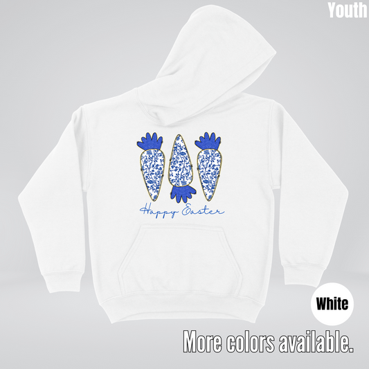 Blue Toile Chinoiserie Grandmillennial Happy Easter And Carrots Youth Hoodie