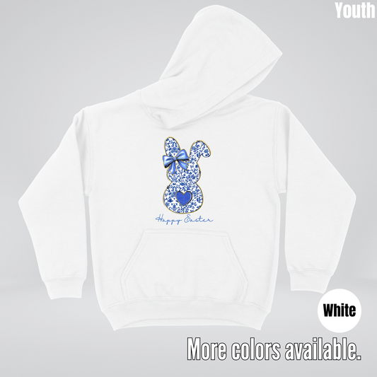 Happy Easter Bunny Blue Toile Chinoiserie Grand Millennial Youth Hoodie