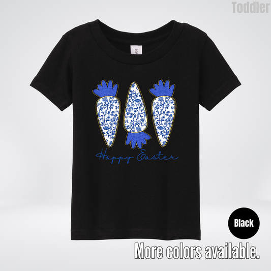 Blue Toile Chinoiserie Grandmillennial Happy Easter And Carrots Toddler T-Shirt