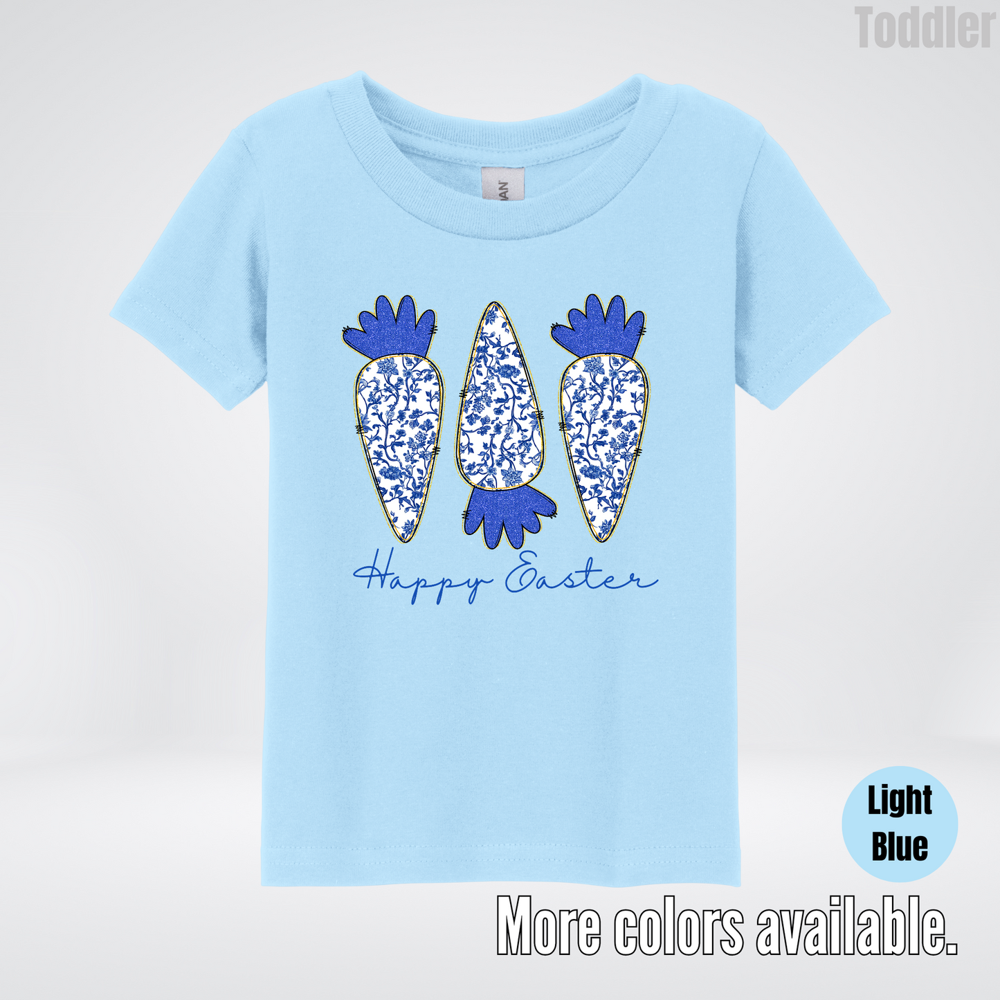 Blue Toile Chinoiserie Grandmillennial Happy Easter And Carrots Toddler T-Shirt