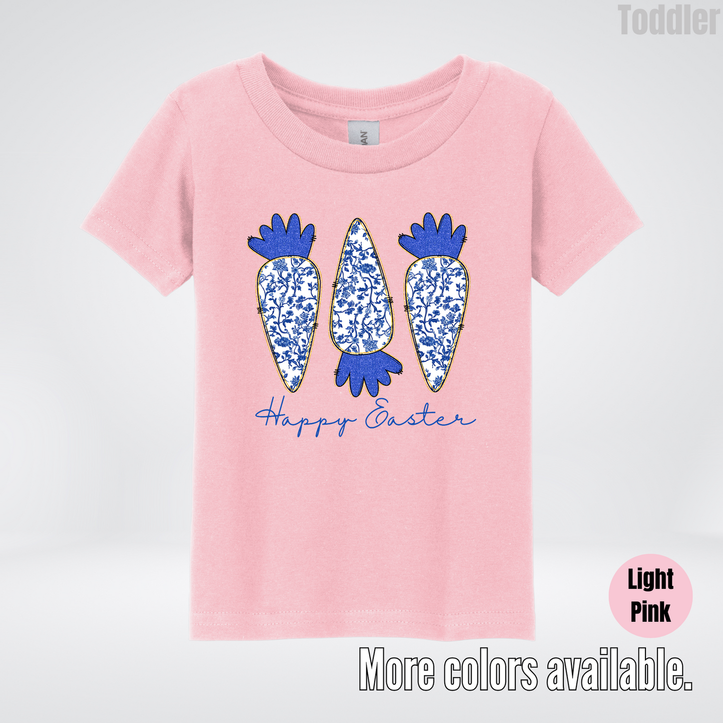 Blue Toile Chinoiserie Grandmillennial Happy Easter And Carrots Toddler T-Shirt