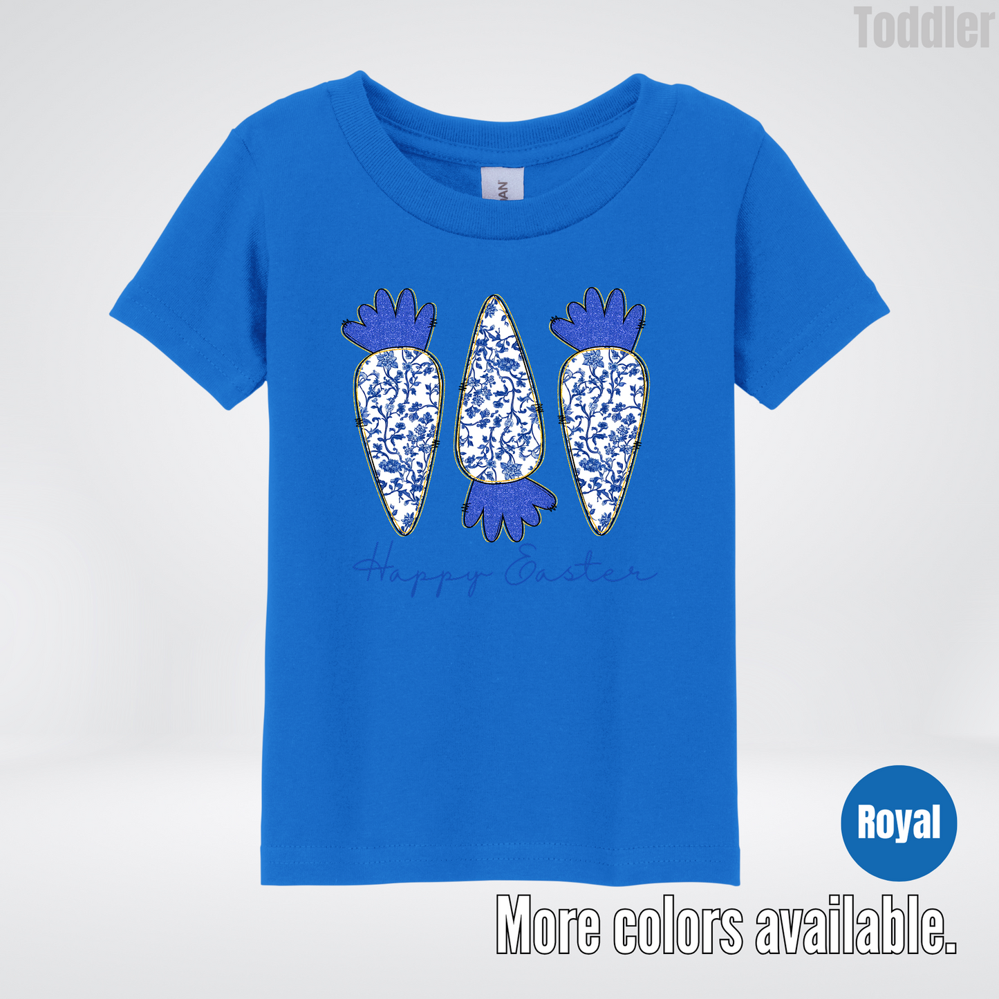 Blue Toile Chinoiserie Grandmillennial Happy Easter And Carrots Toddler T-Shirt
