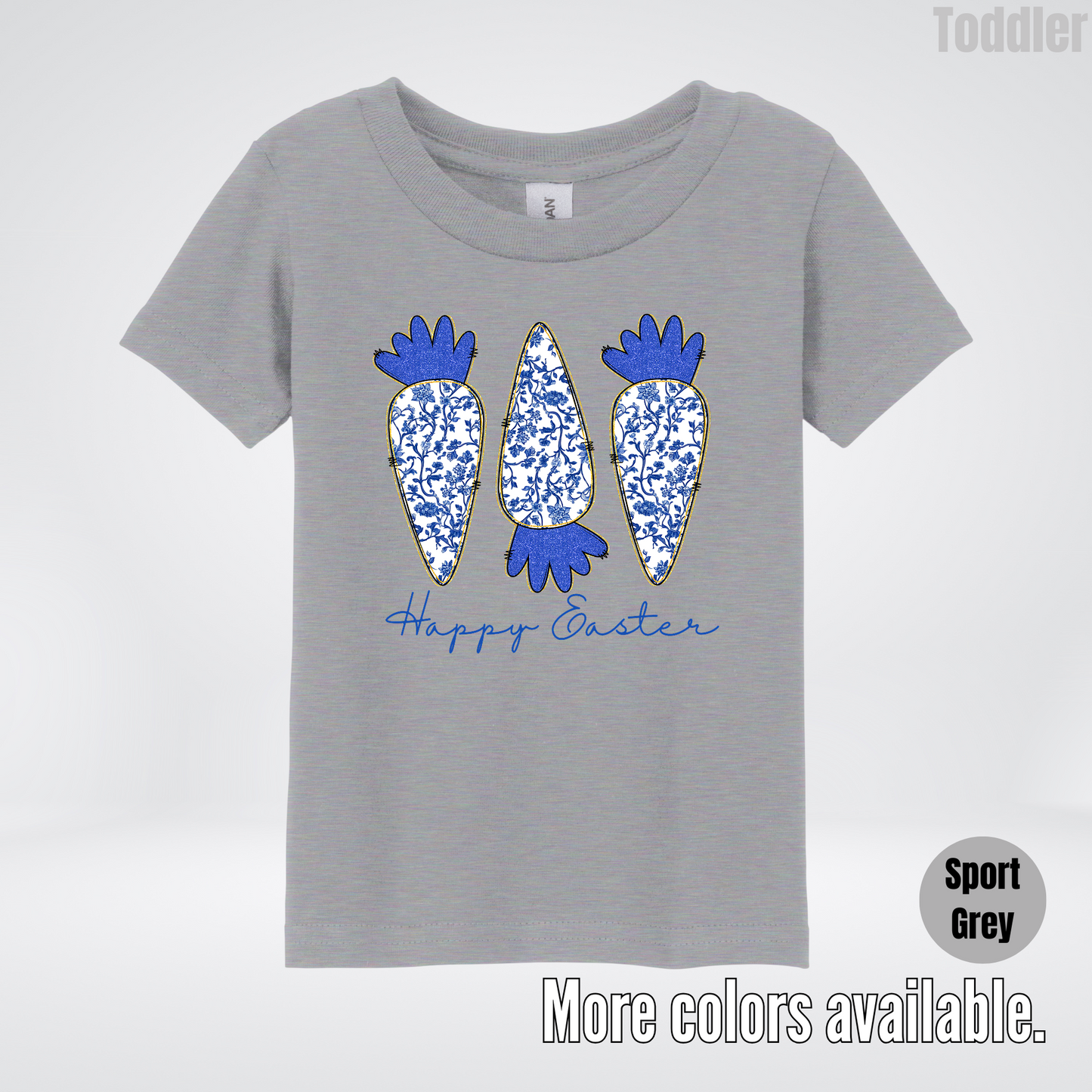Blue Toile Chinoiserie Grandmillennial Happy Easter And Carrots Toddler T-Shirt