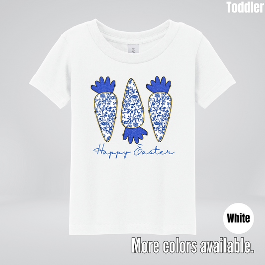 Blue Toile Chinoiserie Grandmillennial Happy Easter And Carrots Toddler T-Shirt