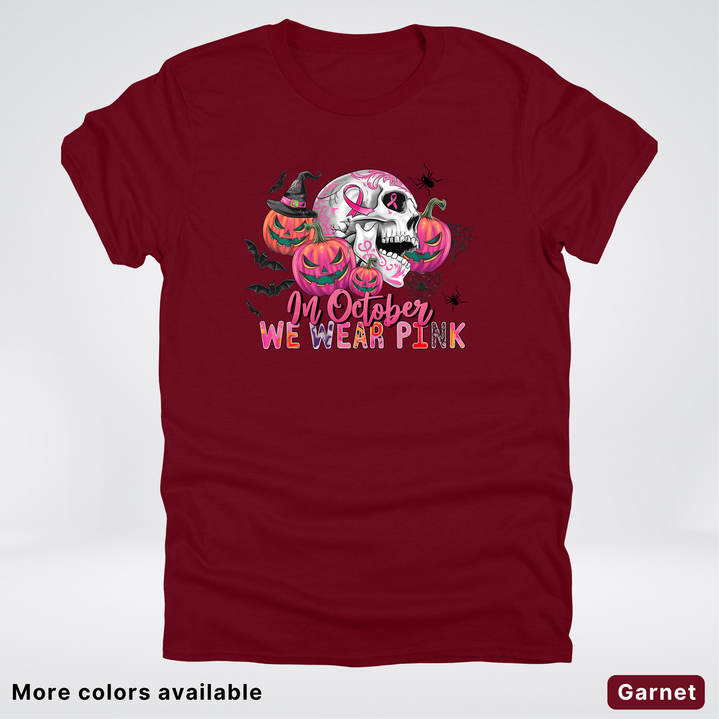 In October We Wear Pink Skull Pumpkins Spiders & Bats - T-Shirt
