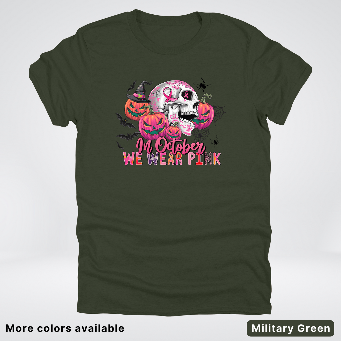 In October We Wear Pink Skull Pumpkins Spiders & Bats - T-Shirt