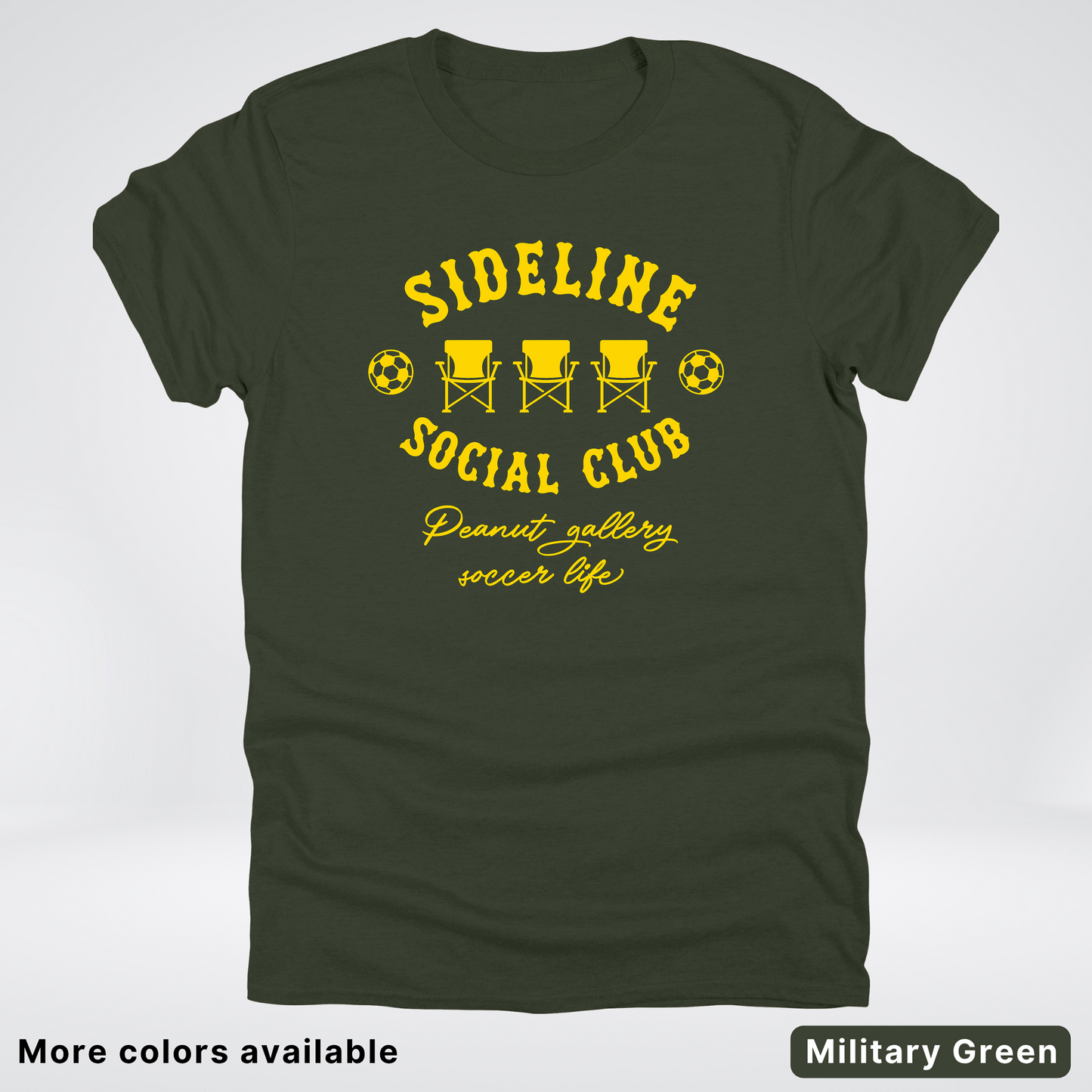 Sideline Social Club Peanut Gallery Soccer Life – Gold Design - T-Shirt