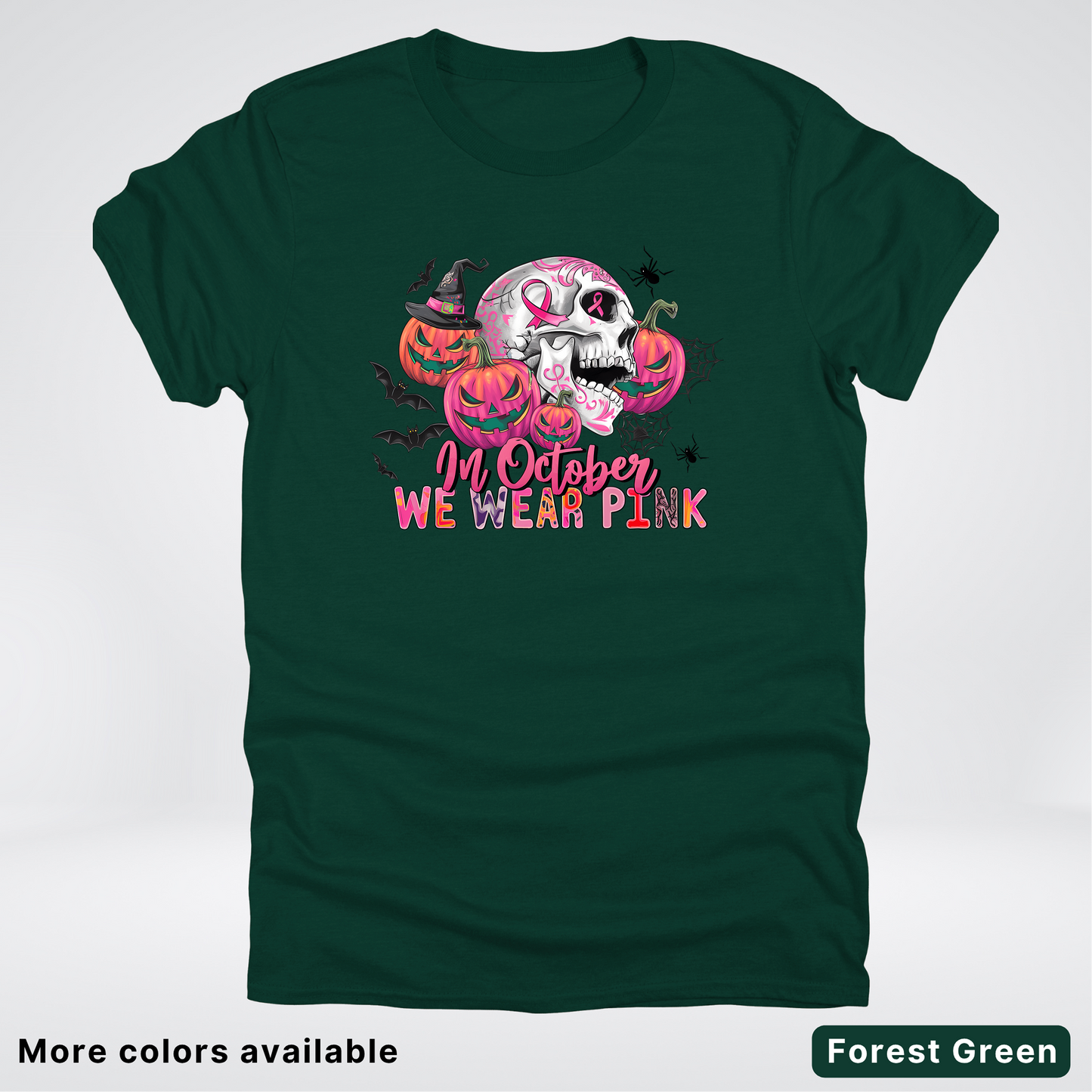 In October We Wear Pink Skull Pumpkins Spiders & Bats - T-Shirt