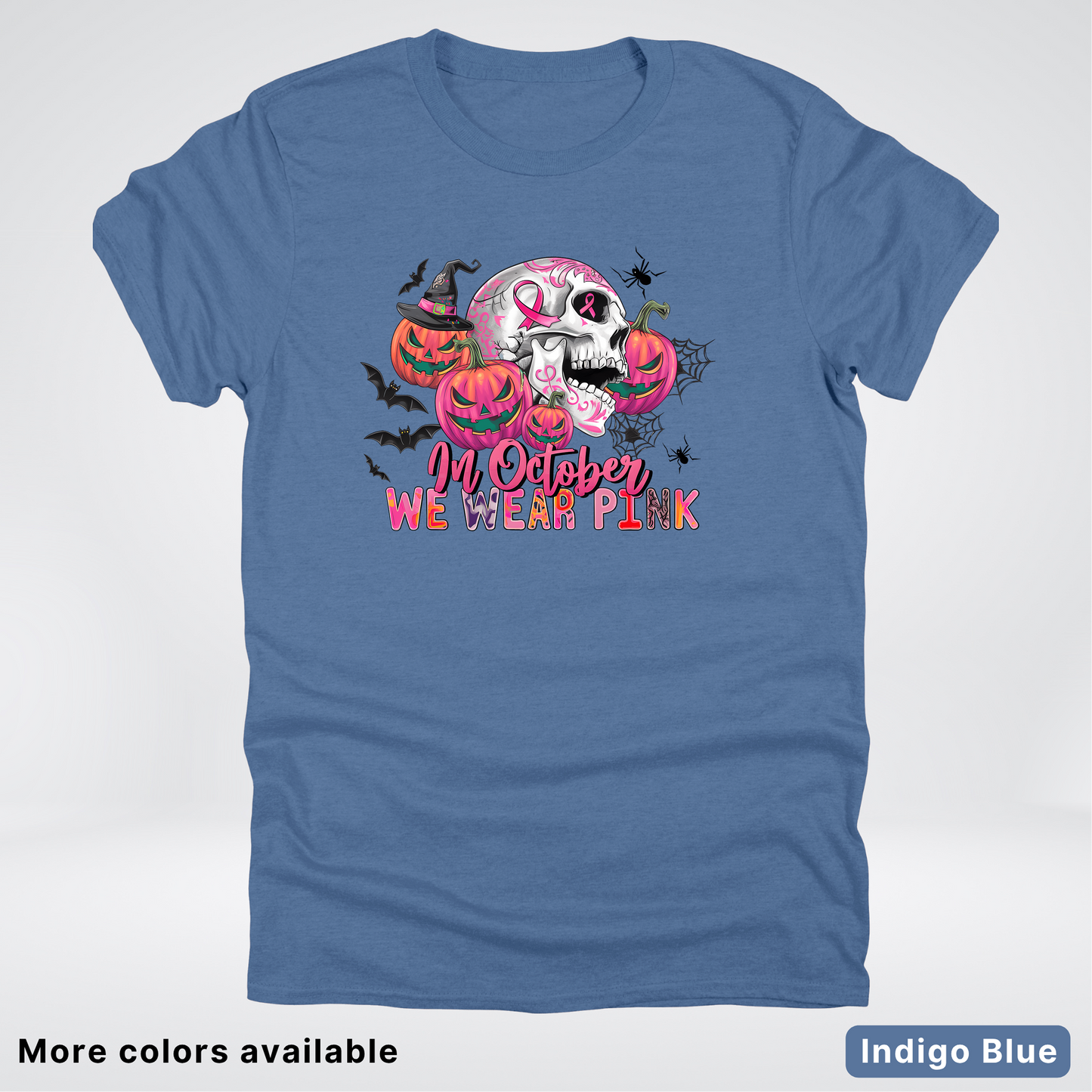 In October We Wear Pink Skull Pumpkins Spiders & Bats - T-Shirt