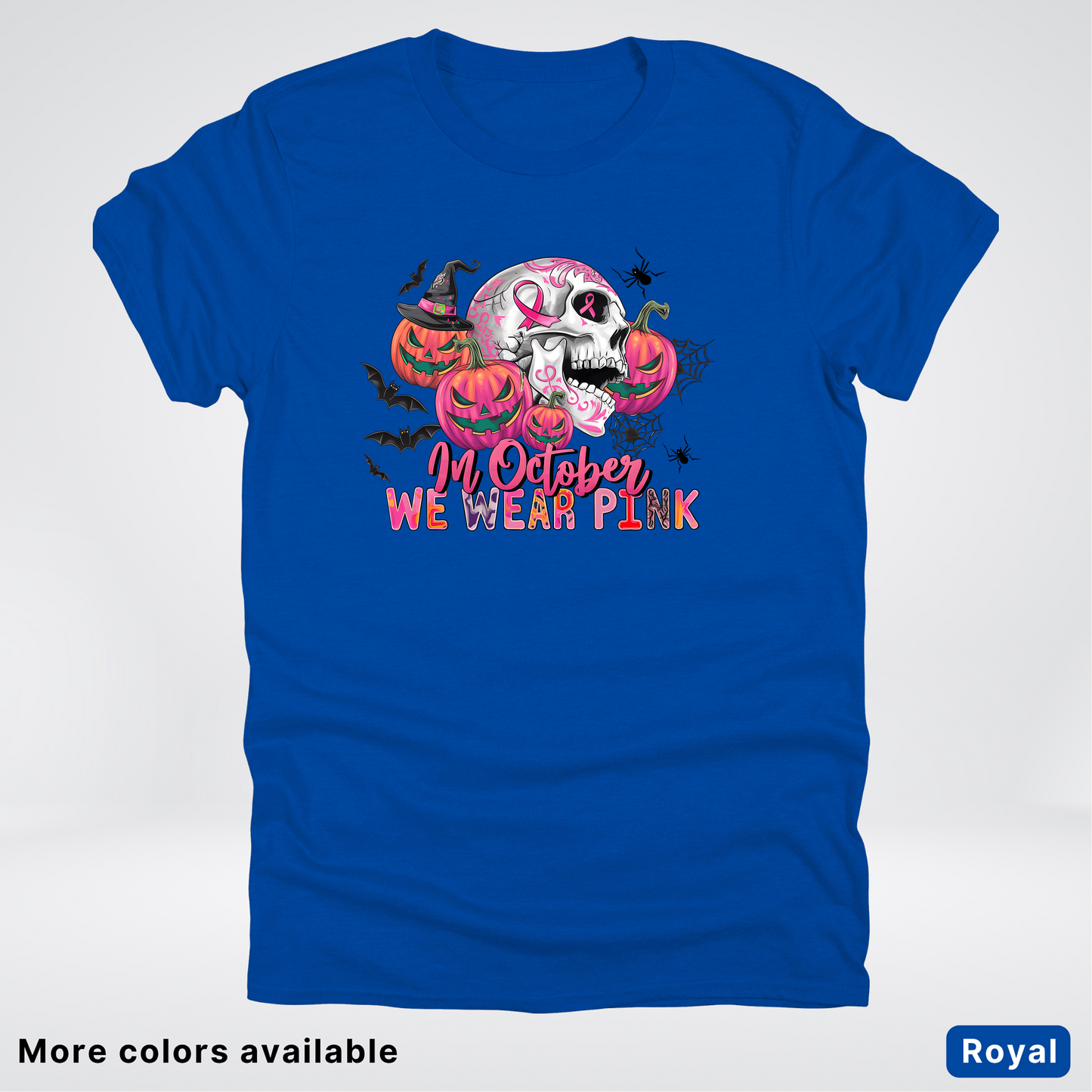In October We Wear Pink Skull Pumpkins Spiders & Bats - T-Shirt