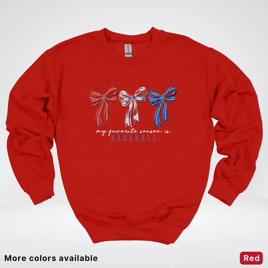 My Favorite Season Is Baseball – Red White Blue Bow Graphic Crewneck Sweatshirt