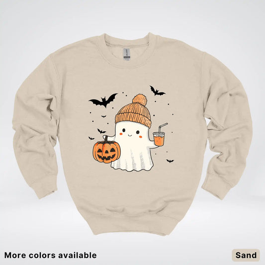 Cute Fall Ghost with Pumpkin And Bats Crewneck Sweatshirt