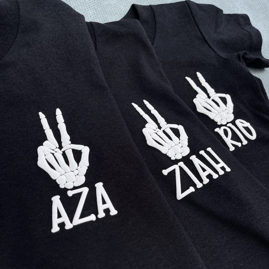 Custom Name Puff Print Skeleton Peace Hand Youth T-Shirt