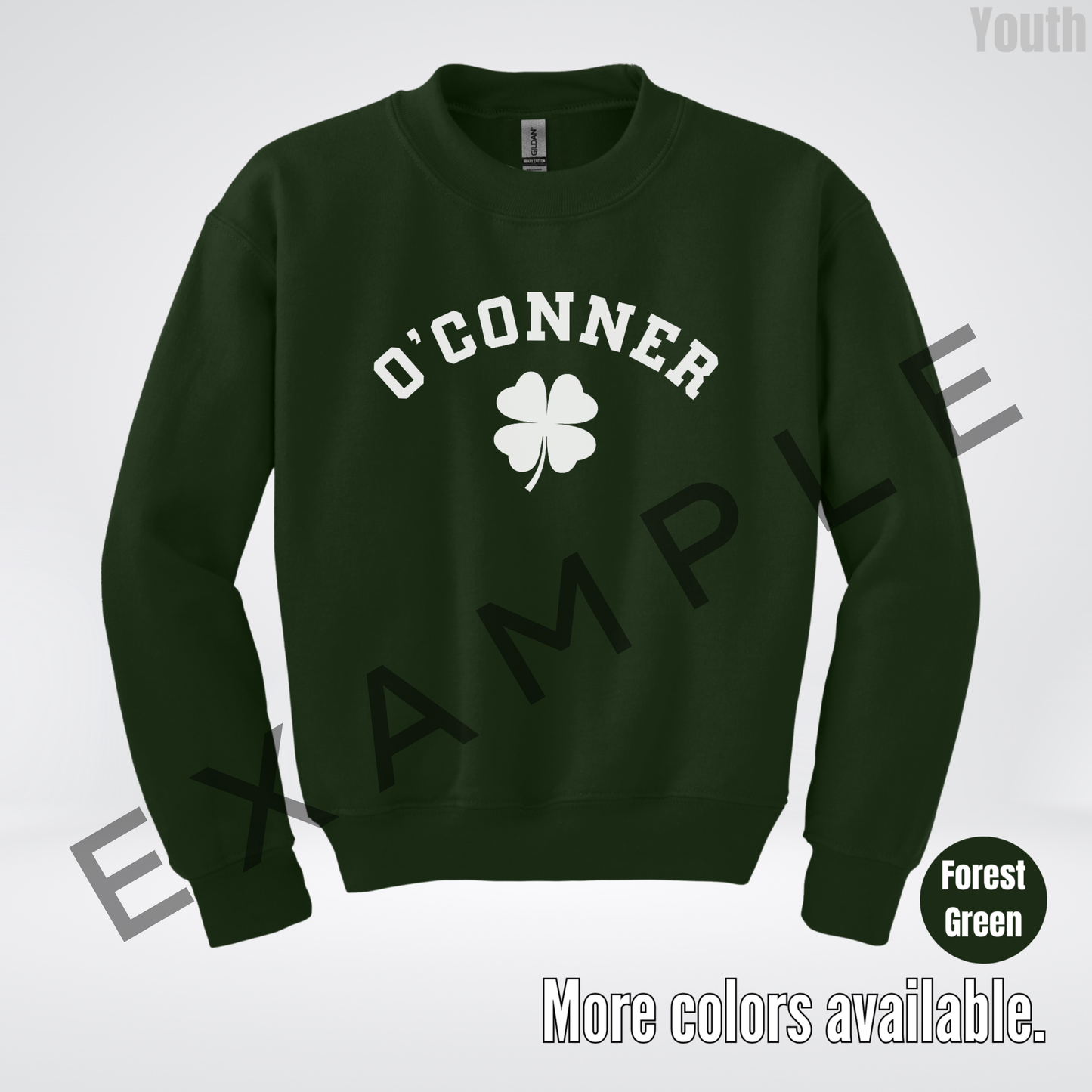 Custom Last Name, Name, Nickname, Etc. & Four Leaf Clover - White Design - St. Patrick's Day Youth Crewneck Sweatshirt