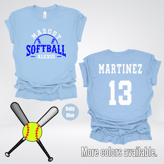 Custom Mascot, Number, First Name, & Last Name – Blue - Softball Design 06 T-Shirt