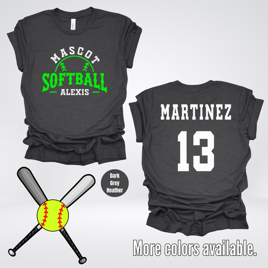 Custom Mascot, Number, First Name, & Last Name – Green - Softball Design 10 T-Shirt