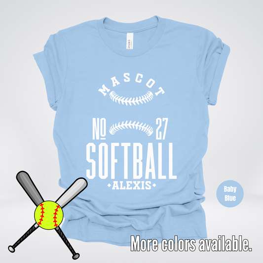 Custom Mascot, Number, & Name – White - Softball Design 14 T-Shirt