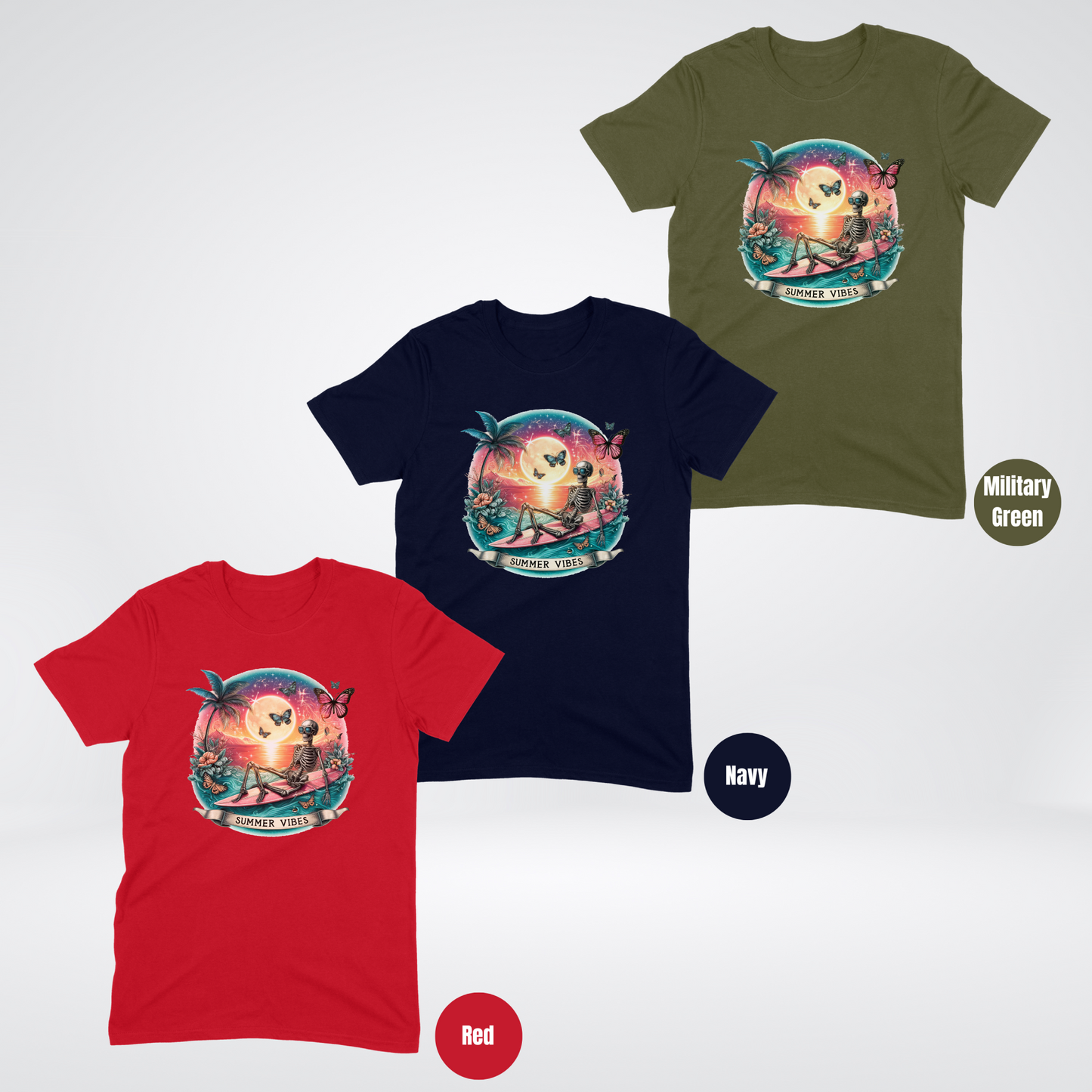 Summer Vibes - Skeleton & Surf Board Softstyle T-Shirt