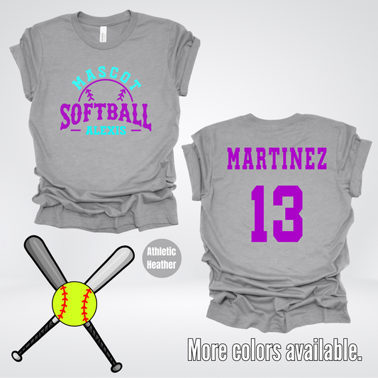 Custom Mascot, Number, First Name, & Last Name – Teal & Purple - Softball Design 01 T-Shirt
