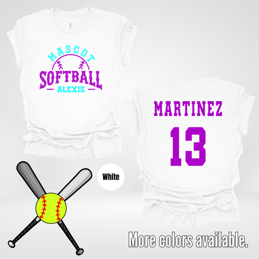 Custom Mascot, Number, First Name, & Last Name – Teal & Purple - Softball Design 01 T-Shirt