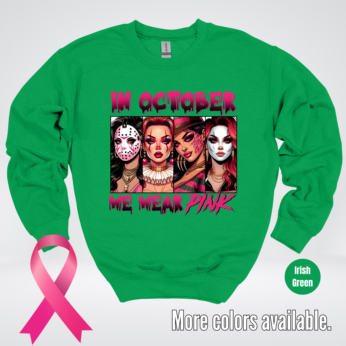 Halloween Bad Girls in October We Wear Pink Horror Movie Characters Crewneck Sweatshirt