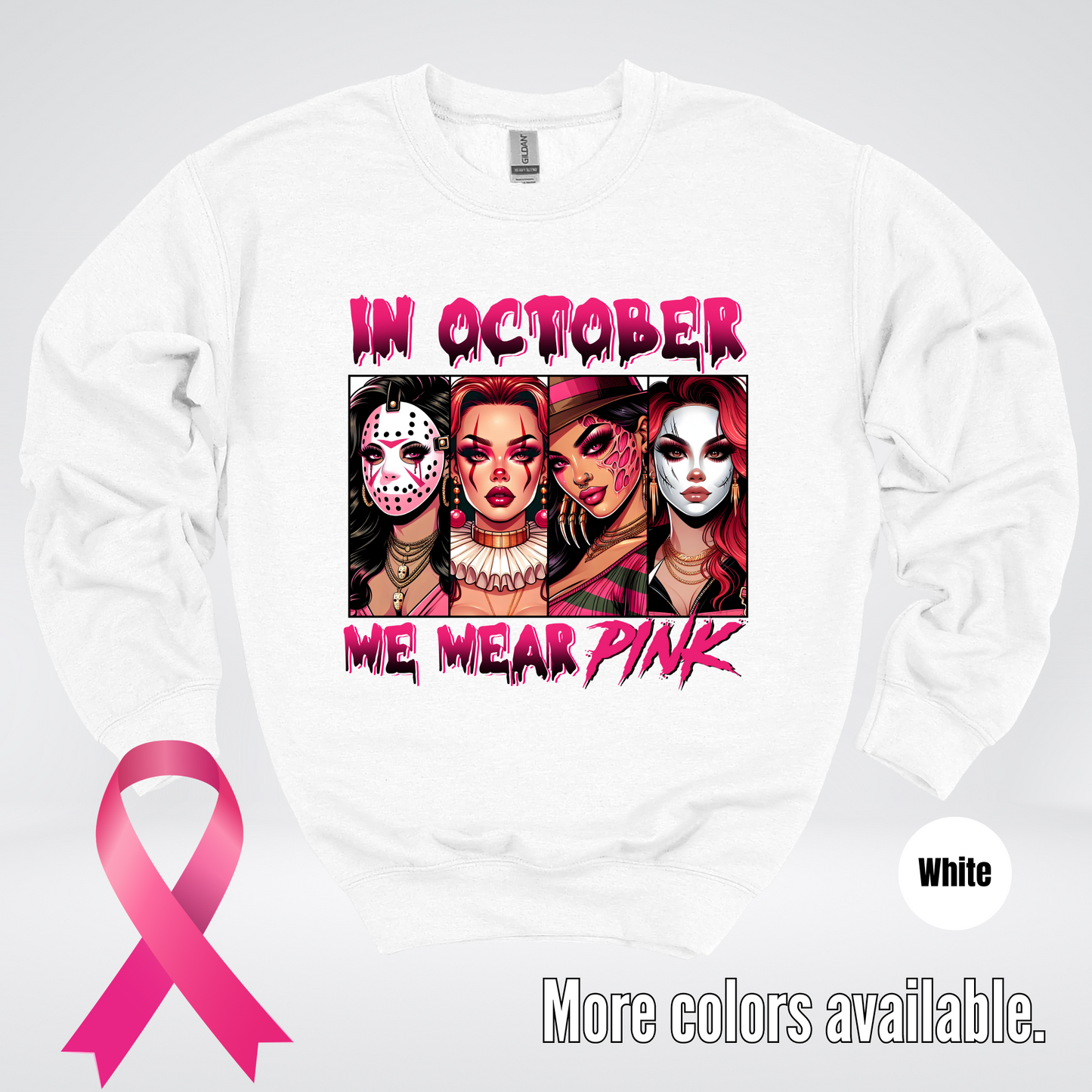 Halloween Bad Girls in October We Wear Pink Horror Movie Characters Crewneck Sweatshirt