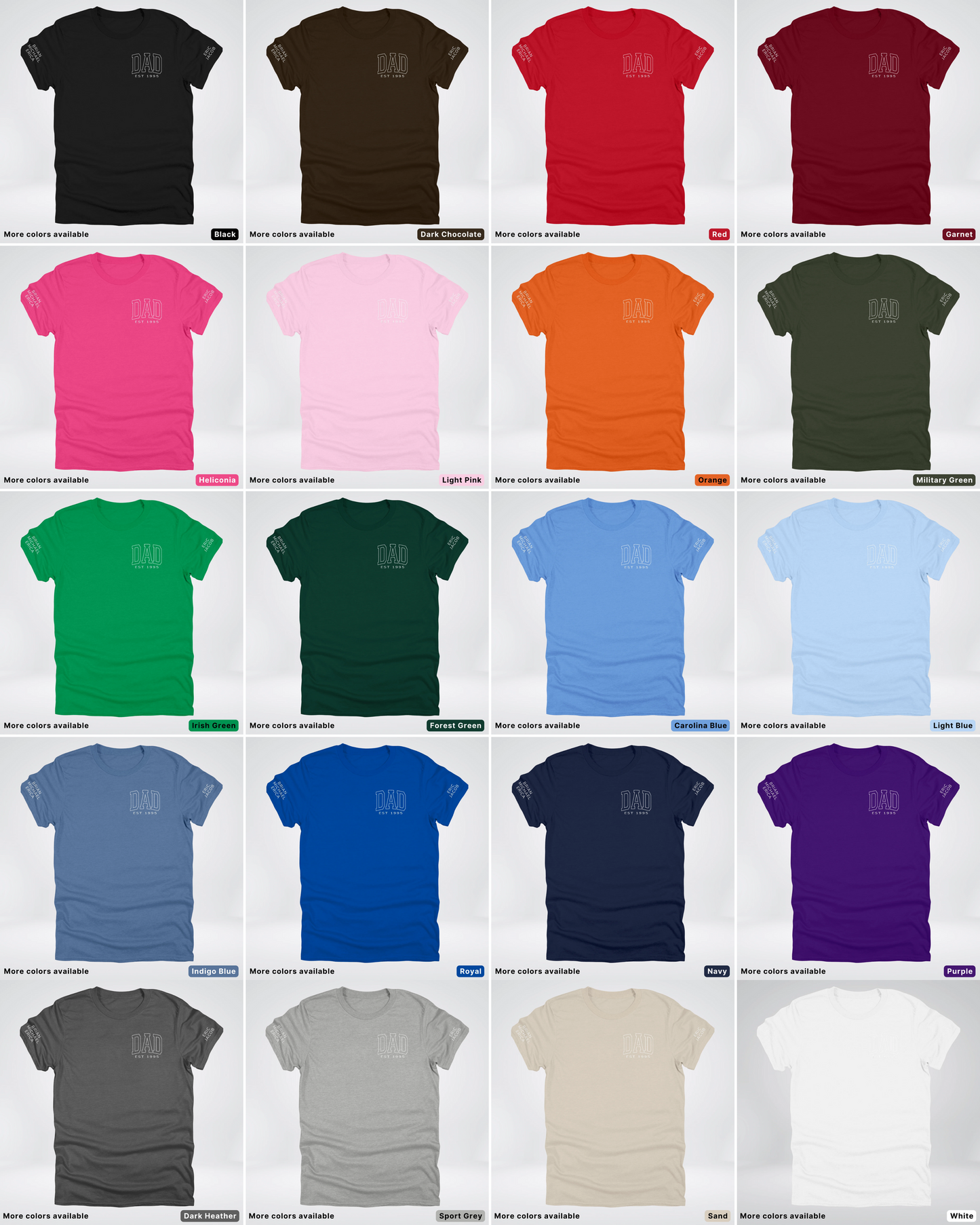 Custom Dad EST Year and Left And Right Sleeve Name - White Design  – Father’s Day T-Shirt