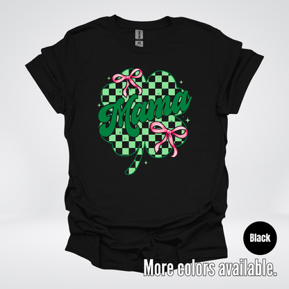 Coquette Mini Pink Bows Checkered Retro Four Leaf Clover Saint Patrick's Day T-Shirt