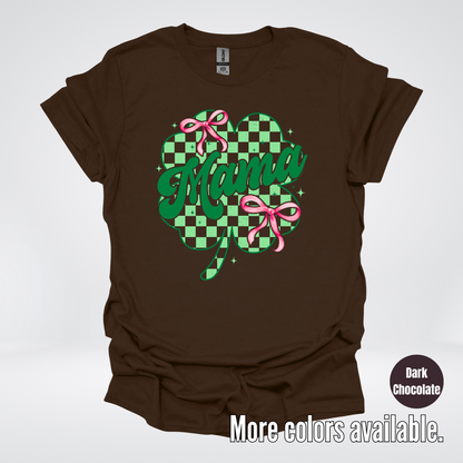 Coquette Mini Pink Bows Checkered Retro Four Leaf Clover Saint Patrick's Day T-Shirt