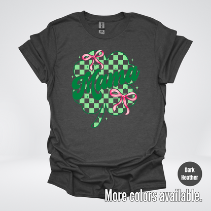 Coquette Mini Pink Bows Checkered Retro Four Leaf Clover Saint Patrick's Day T-Shirt