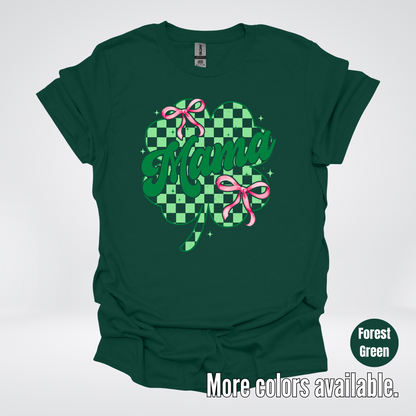 Coquette Mini Pink Bows Checkered Retro Four Leaf Clover Saint Patrick's Day T-Shirt