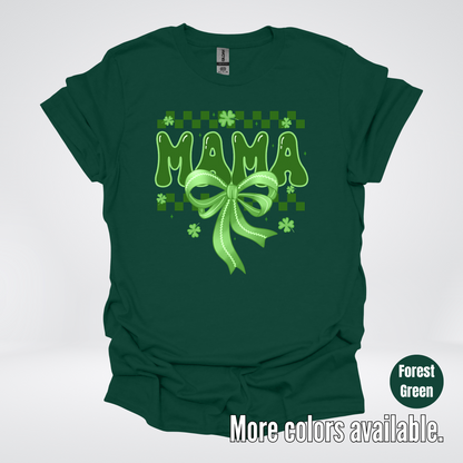 Mama Coquette Green Bow Checkered Retro Four Leaf Clovers T-Shirt