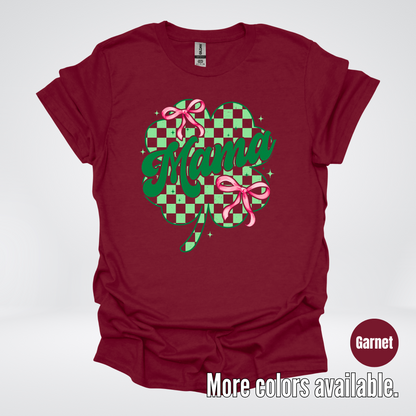 Coquette Mini Pink Bows Checkered Retro Four Leaf Clover Saint Patrick's Day T-Shirt