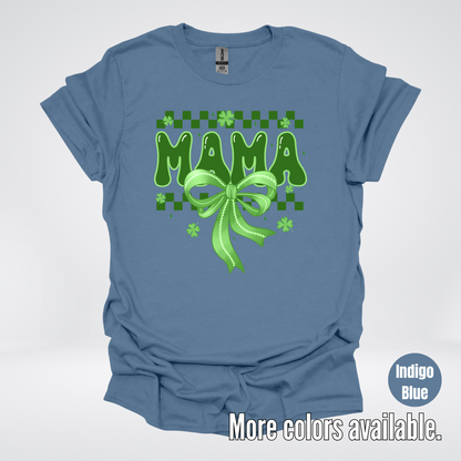 Mama Coquette Green Bow Checkered Retro Four Leaf Clovers T-Shirt