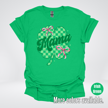 Coquette Mini Pink Bows Checkered Retro Four Leaf Clover Saint Patrick's Day T-Shirt