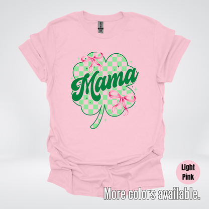 Coquette Mini Pink Bows Checkered Retro Four Leaf Clover Saint Patrick's Day T-Shirt