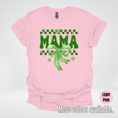 Mama Coquette Green Bow Checkered Retro Four Leaf Clovers T-Shirt