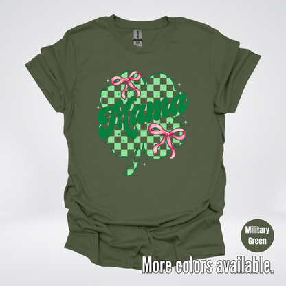 Coquette Mini Pink Bows Checkered Retro Four Leaf Clover Saint Patrick's Day T-Shirt