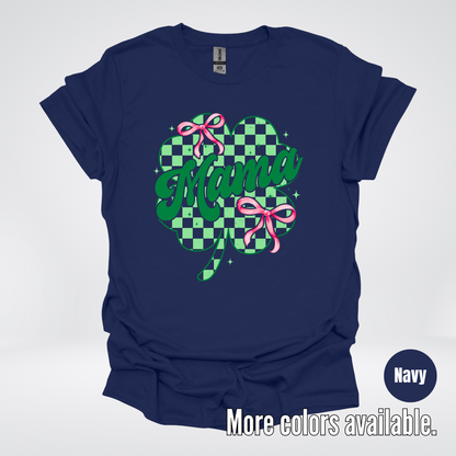 Coquette Mini Pink Bows Checkered Retro Four Leaf Clover Saint Patrick's Day T-Shirt