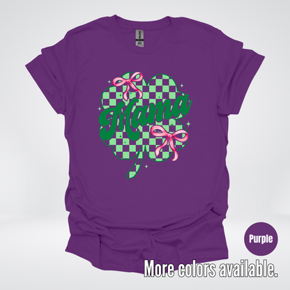 Coquette Mini Pink Bows Checkered Retro Four Leaf Clover Saint Patrick's Day T-Shirt