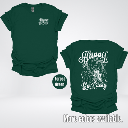 Happy Go Lucky Clovers And A Skeleton – White Design – Saint Patrick’s Day T-Shirt