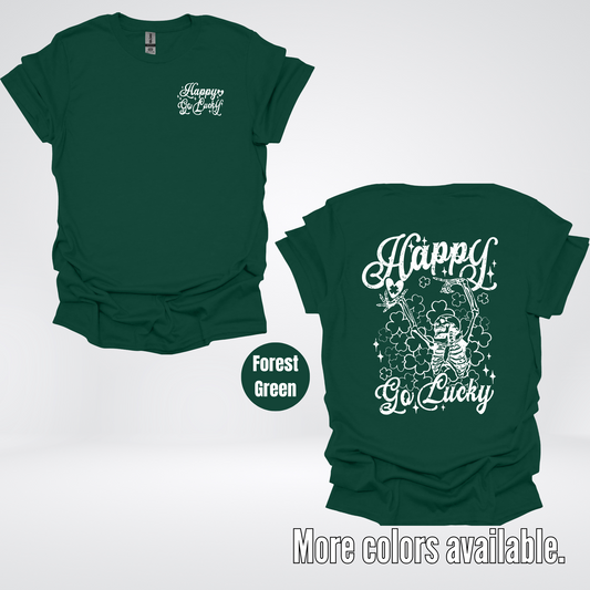 Happy Go Lucky Clovers And A Skeleton – White Design – Saint Patrick’s Day T-Shirt