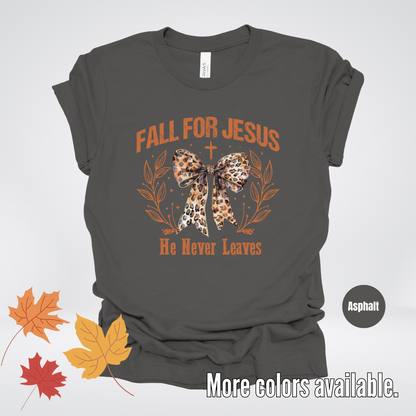 Fall For Jesus He Never Leaves Leopard Print Coquette T-Shirt