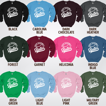 Busy Raising A Baller – White Design – Baseball Softball Crewneck Sweatshirt