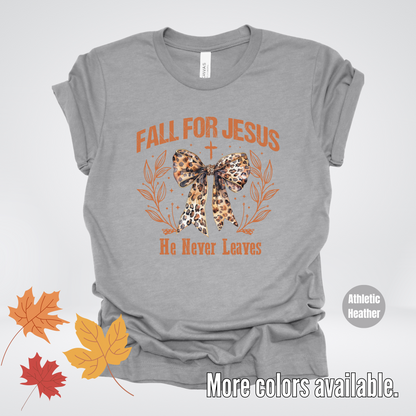 Fall For Jesus He Never Leaves Leopard Print Coquette T-Shirt