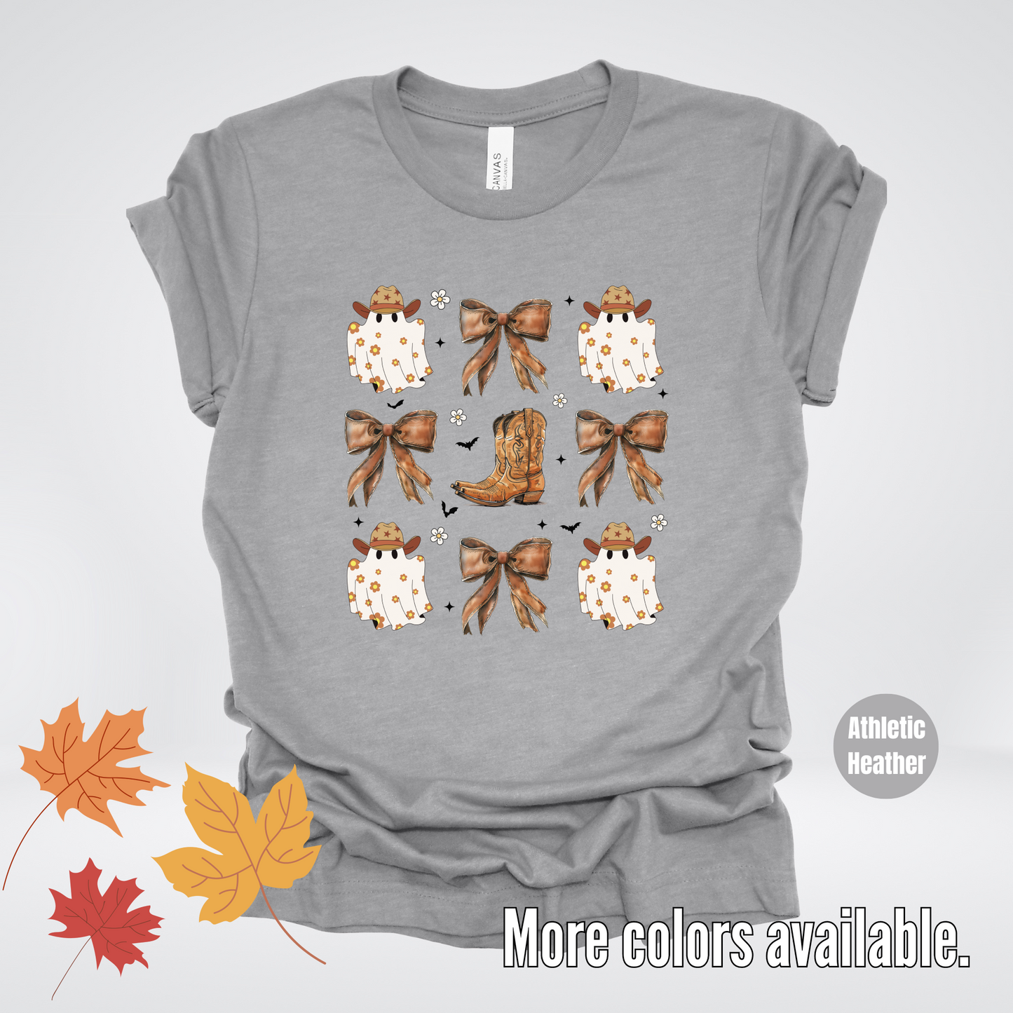 Western Coquette Leather Cowboy Boots And Fall Ghosts with Flowers and Bats T-Shirt