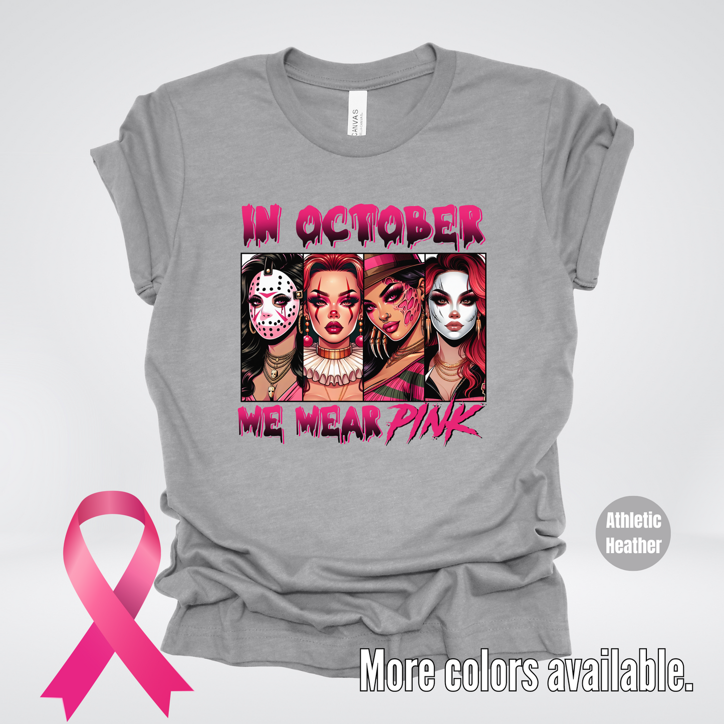 Halloween Bad Girls in October We Wear Pink Horror Movie Characters T-Shirt